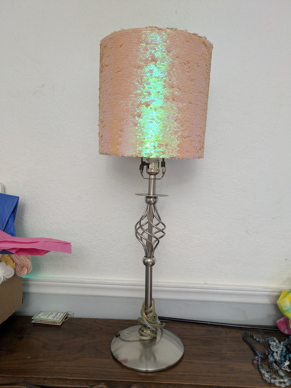 Sequin Pink Table Lamp with Iridescent Finish